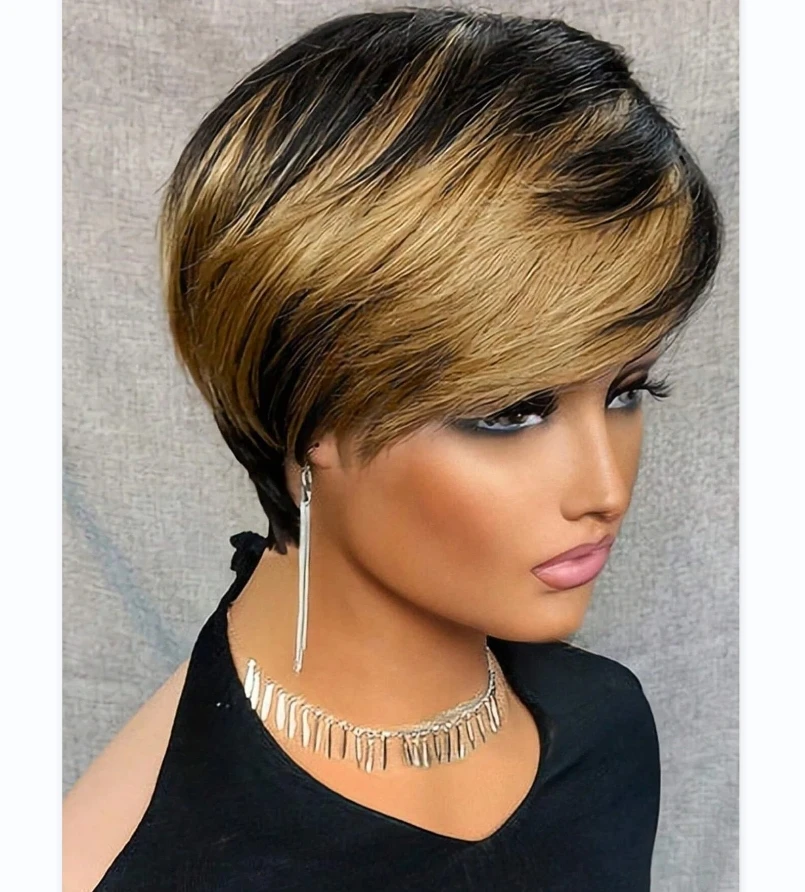 180D Pixie Cut Wigs 1b/27 Human Hair Ombre Pixie Wigs for Black Women 100% Human Hair Short Wigs Cheap Wigs Full Machine Made