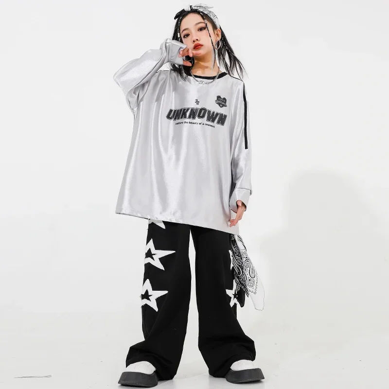 Kid Hip Hop Clothing Silver Letter Sweatshirt Vest Tops Black Casual Cargo Pants Jeans for Girl Boy Jazz Dance Costume Clothes