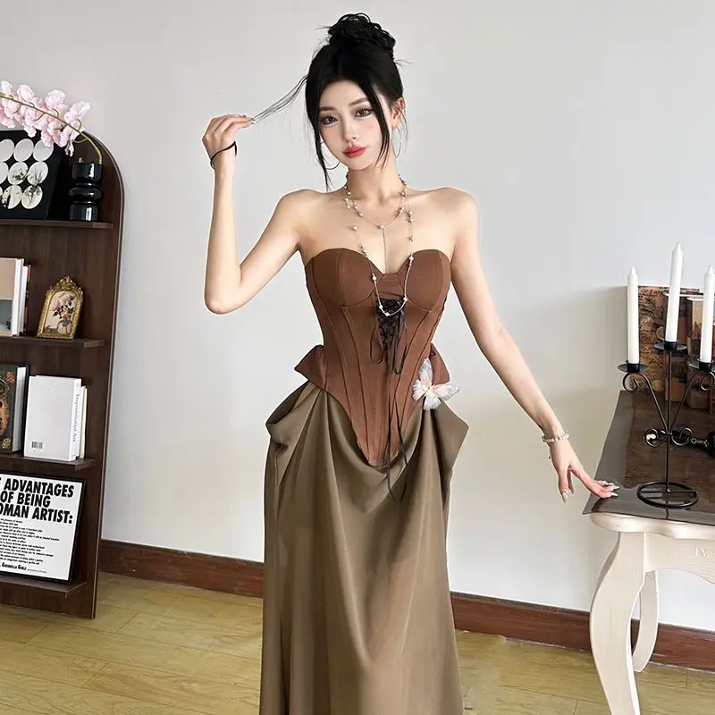 Vestido de tubo con costura de malla, diseño de mujer, plisado, largo con cordones