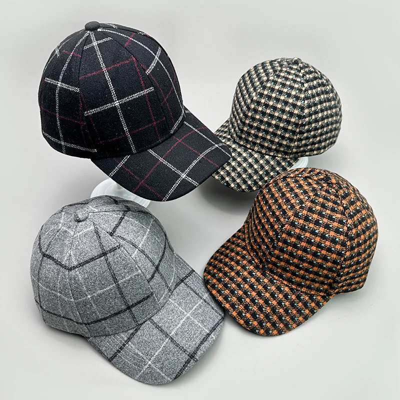 Woolen Cloth Versatile Baseball Caps Autumn and Winter New Men Women Cotton British Style Fashion Casual Retro Check Personal