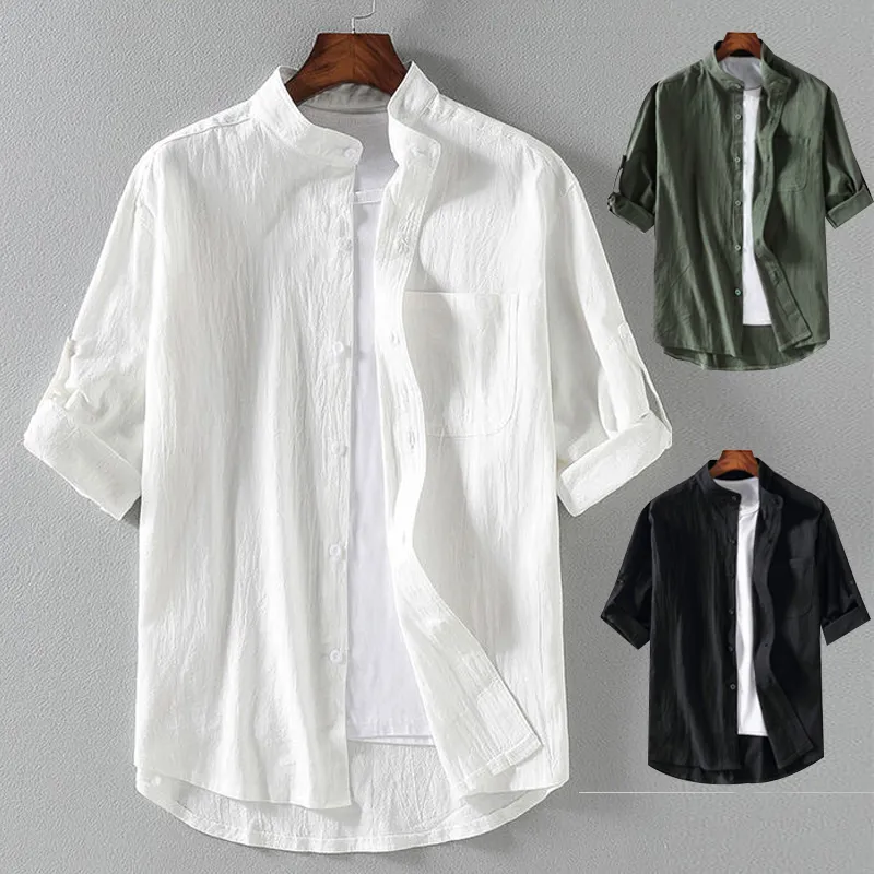 Весенне-летняя модная мужская рубашка с воротником-стойкой и пятиконечными рукавами средней длины мужская рубашка большого размера с короткими рукавами