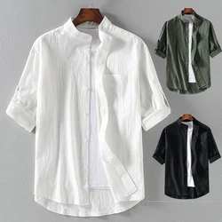 Camisa de manga corta con cuello levantado para hombre, camisa de manga media de cinco puntos, a la moda, talla grande, primavera y verano