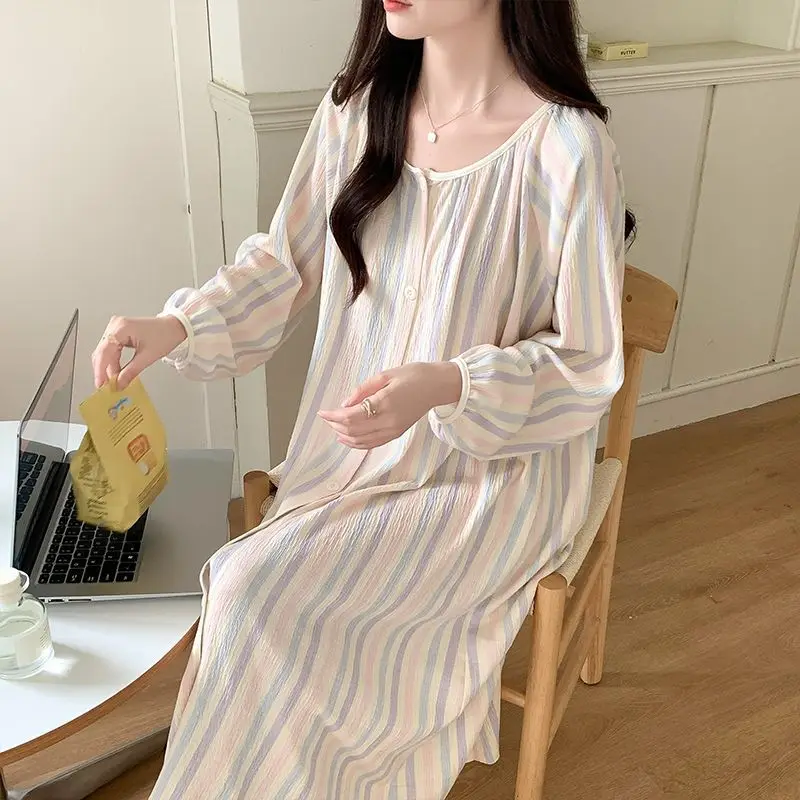 Striped Women Nightgown Lace Sleepwear O-neck Nightwear Korean Fashion Night Dress Long Sleeve Autumn Button One Piece Pajamas