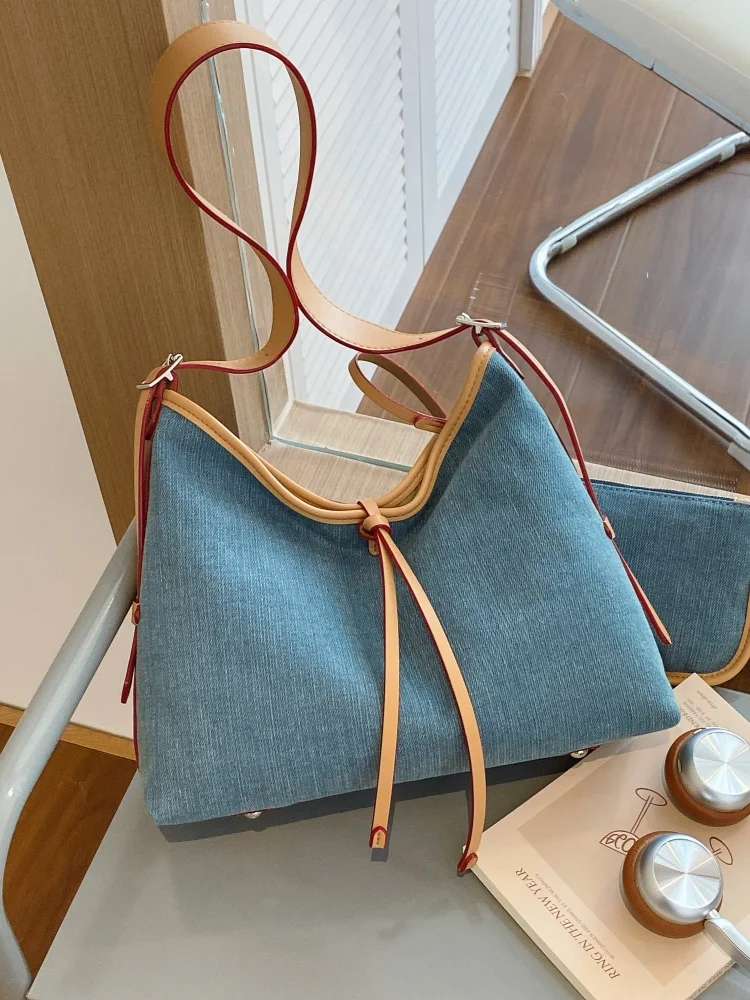 Denim Underarm Tote Bag Women's Large Capacity Vintage Retro Single Shoulder Bag Korean Style Trendy Commuter Bag Pure Color