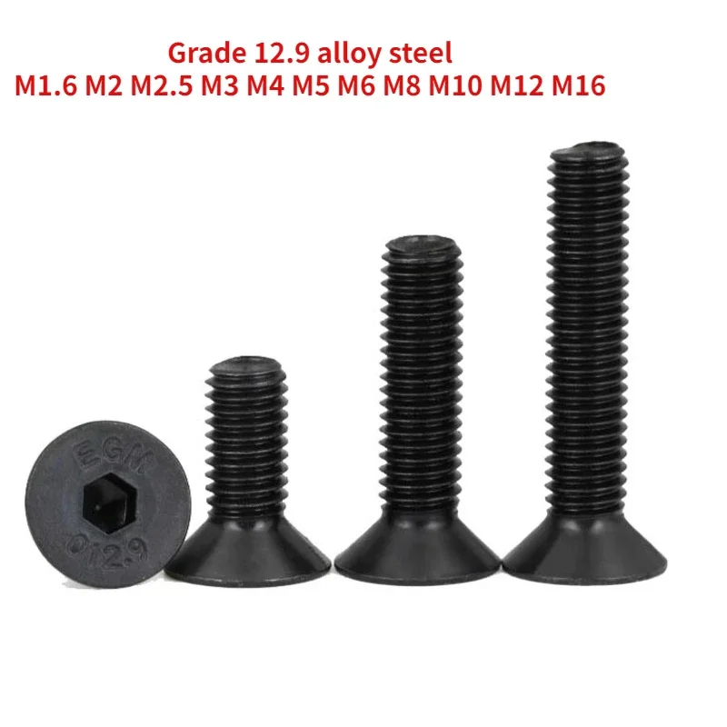 2-200pcs M1.6 M2 M2.5 M3 M4 M5 M6 M8 M10 M12 M16 Grade 12.9 Black High Strength Flat Head Hexagon Socket Screw Countersunk Bolt