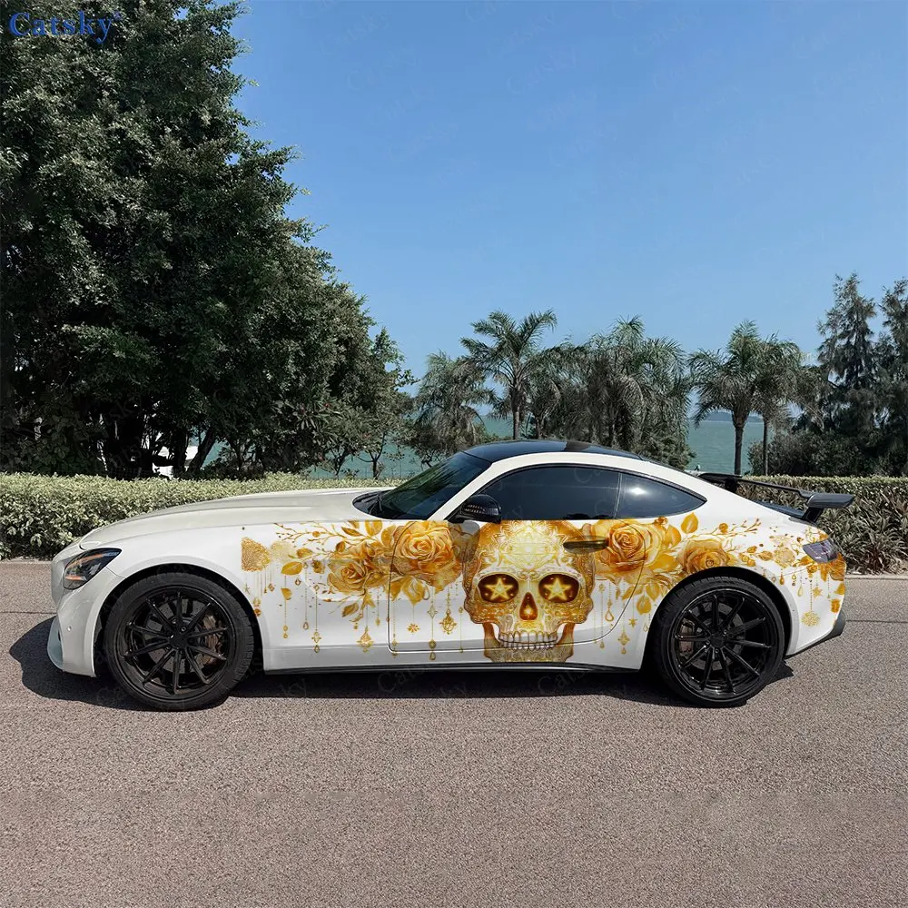 2pcs Dripping Gold Rose Skull Car Side Wraps, Self-Adhesive PVC Waterproof & Scratch-Resistant Stickers, Car Accessory Gift
