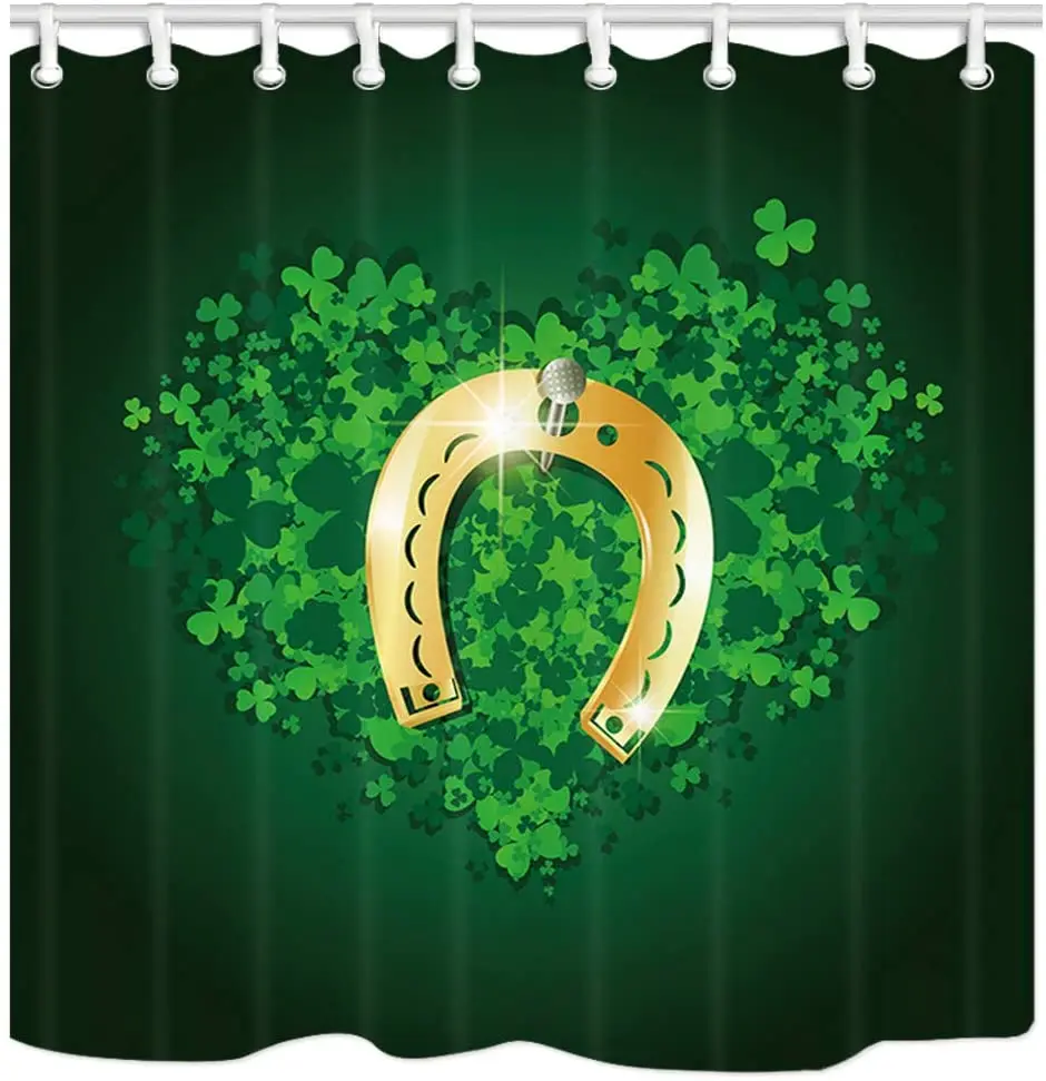 St. Patrick Day Shower Curtain Set Golden Horseshoe Green Clover Shamrock Bathtub Bathroom Bath Curtains Liner Polyester Fabric