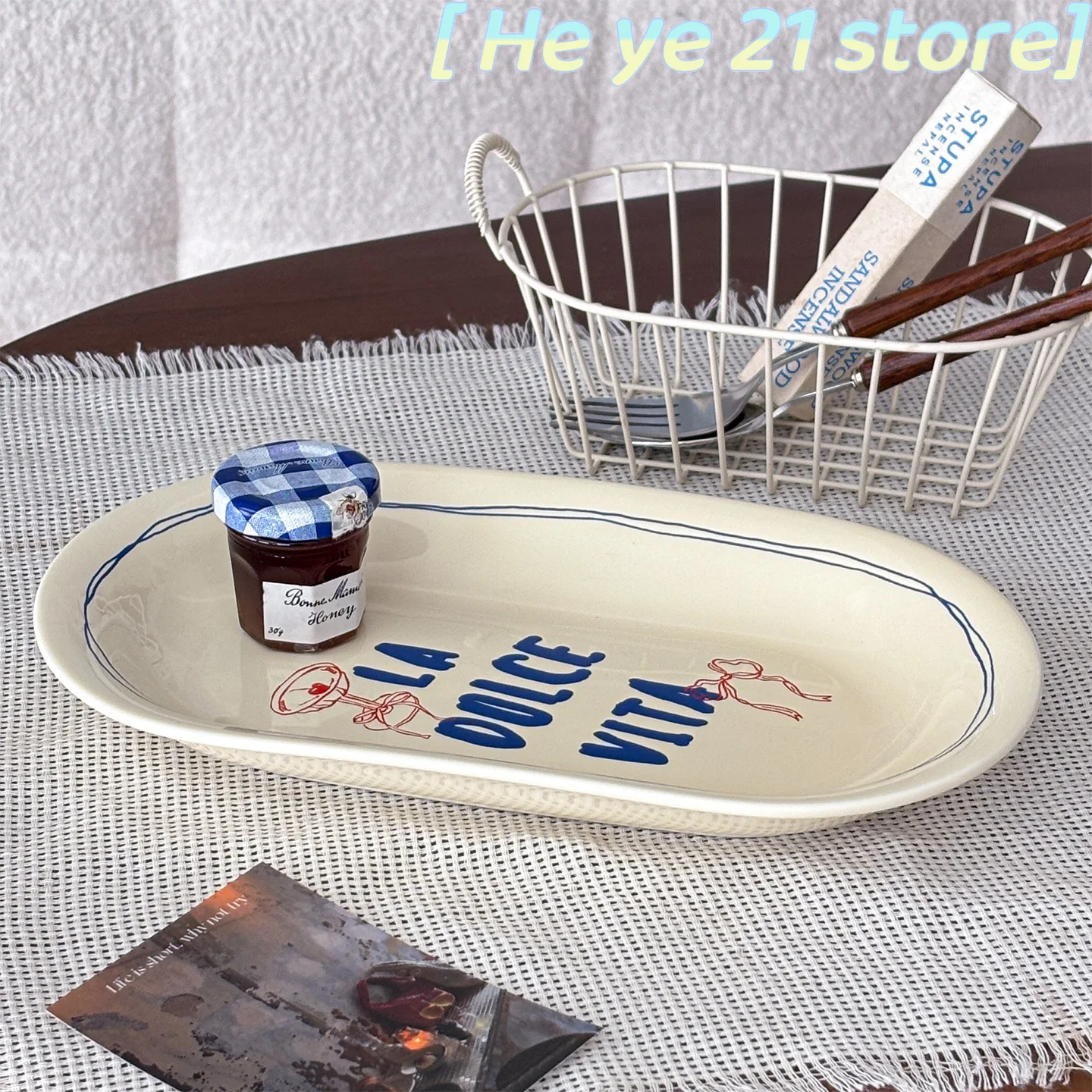 10 بوصة/Ins النمط الإيطالي طبق بيضاوي خمر زهرة مطبوعة أواني الطعام السيراميك السباغيتي أطباق لحم فرن الميكروويف الآمن #4