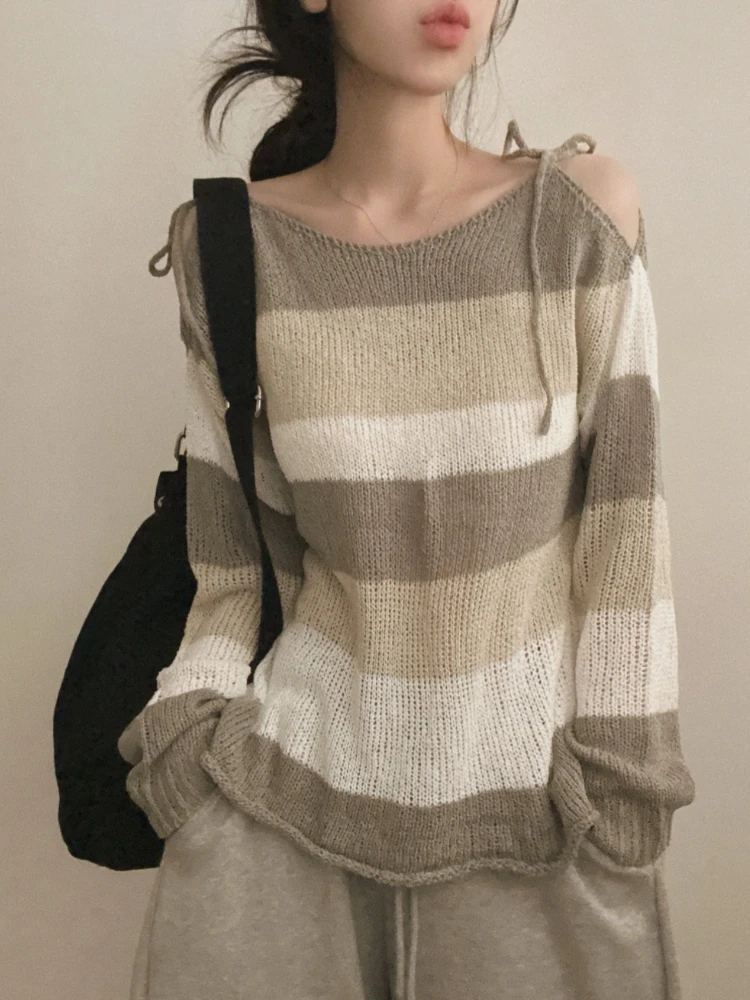 

Korobov Korean Casual All Match Off Shoulder Long Sleeve Striped Loose Sheer Sexy Pullovers