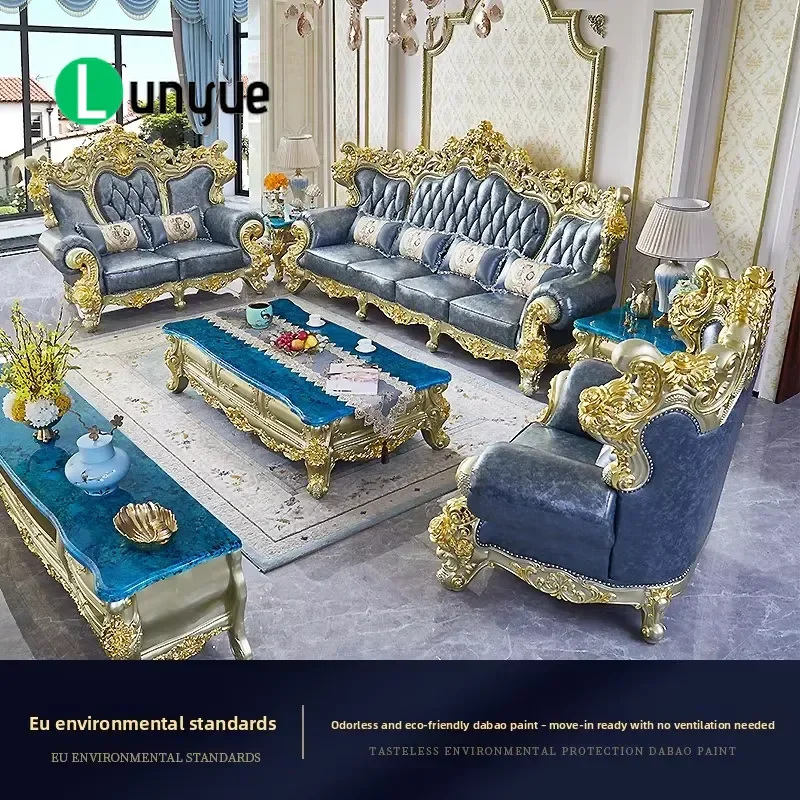 European Leather Sofa Set Solid Wood Frame Engraved Design Luxury High End Furniture for Living Room Villa Large Apartment