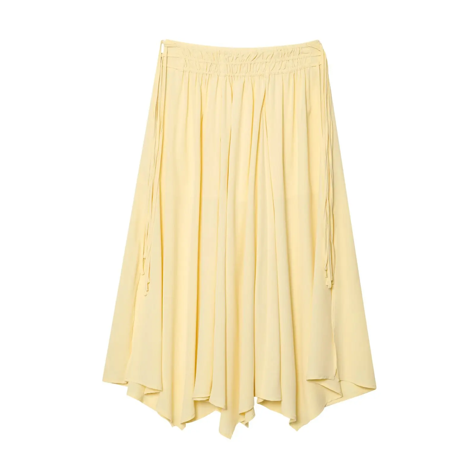 Women Cream Yellow Chiffon Midi Skirt Elastic Waist Drawstring Asymmetric Hem Flowy A Line Skirt