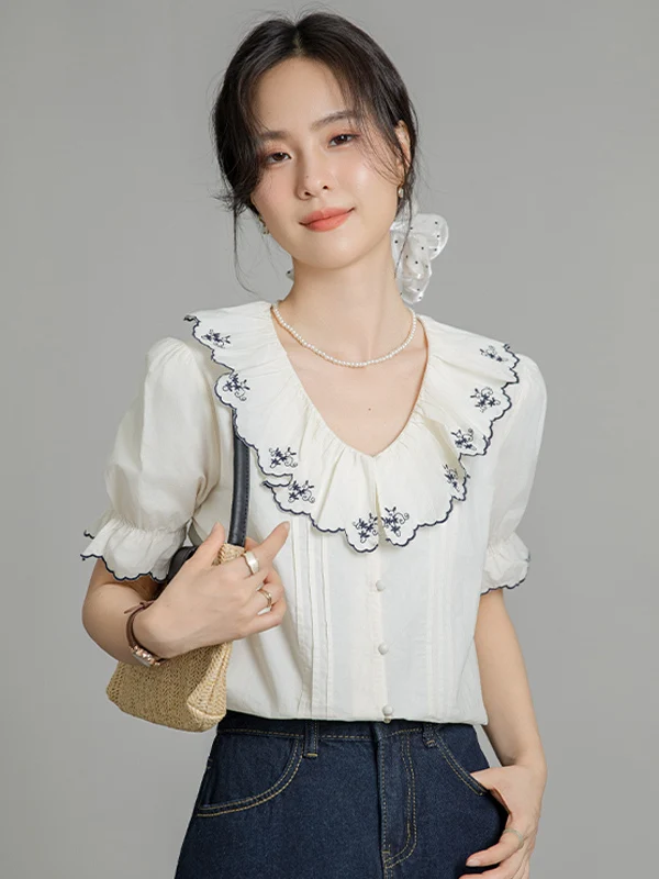 

Женская летняя блузка с вышивкой, воротником-стойкой и рукавами-фонариками, персикового цвета, для офиса и повседневной носки