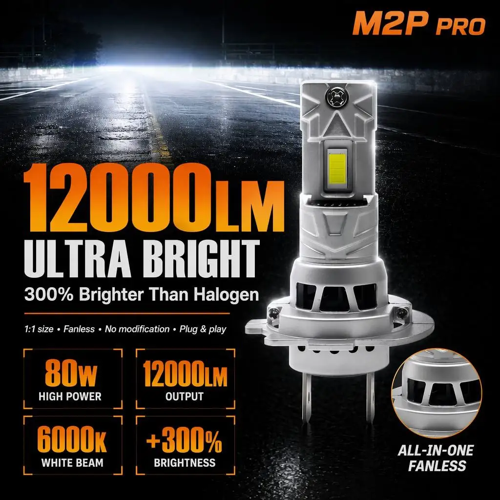 2Pcs 60W 16000LM H7 Led Headlight Bulb CSP 3570 H7 LED Canbus White 6000K H7 Car Led Light M2P
