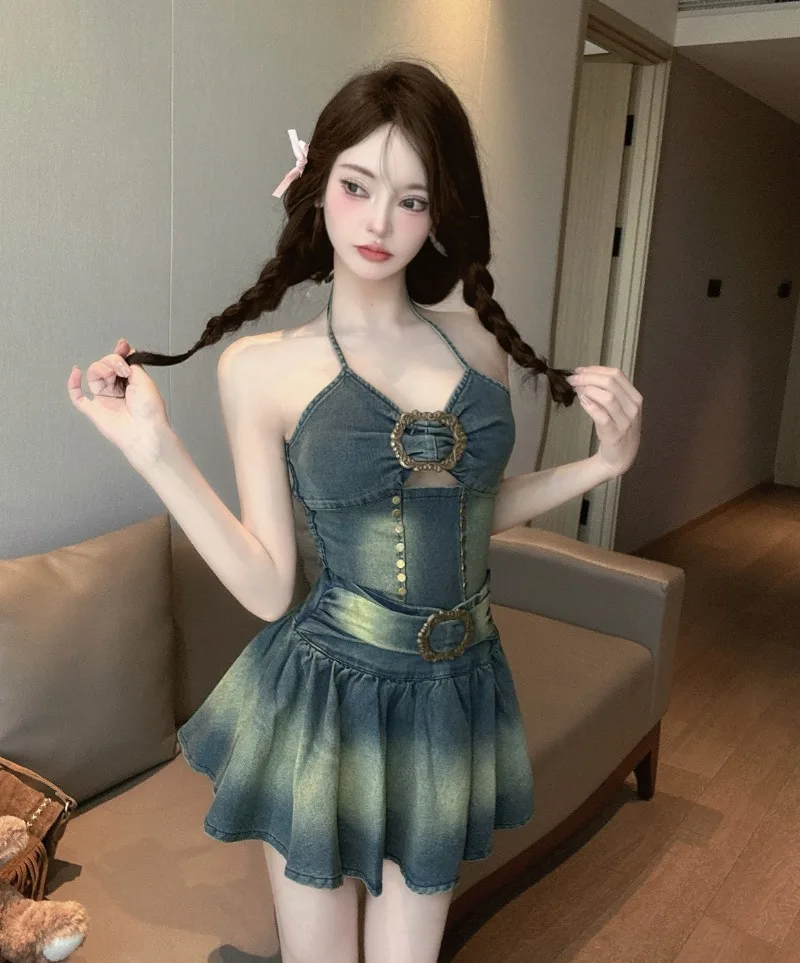 

Sweet Hot Girl Suit Women's Summer Halter Neck Backless Gradient Color Vest High Waist A-line Skirt Two-piece Set Female Clothes