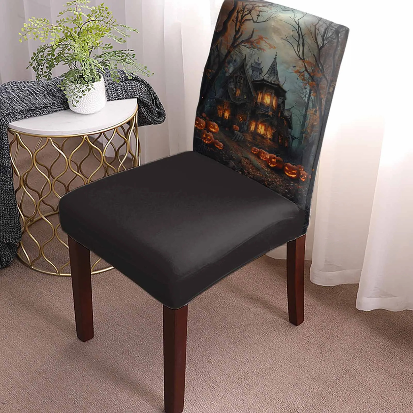 Alloween Castle Pumpkin Retro Grove Chair Cover for Dining Room Spandex Stretch Seat Cover for Wedding Banquet Party Seat Case