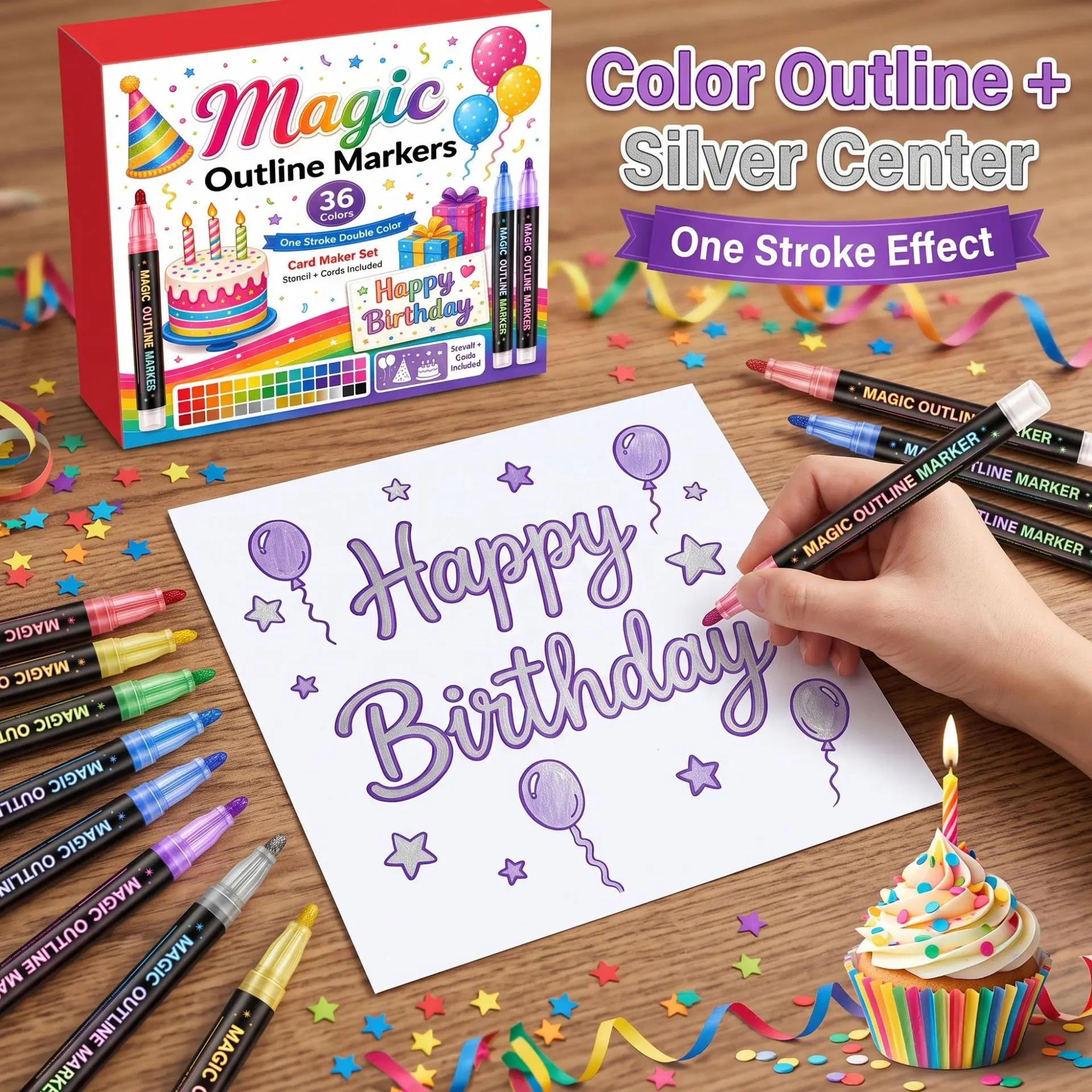 8/12/24/36/48 Colors Double Line Outline Metallic Highlighter Marker Pens, Squiggles Double Line Pen, Magic Glitter Drawing Pens