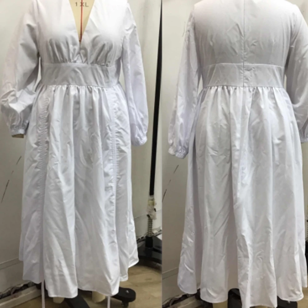 Plus Size V-Neck Puff Sleeve Maxi Dress Drawstring Ruched Flowy Midi Dress Casual Elegant A-Line Long Sleeve Dress for Women