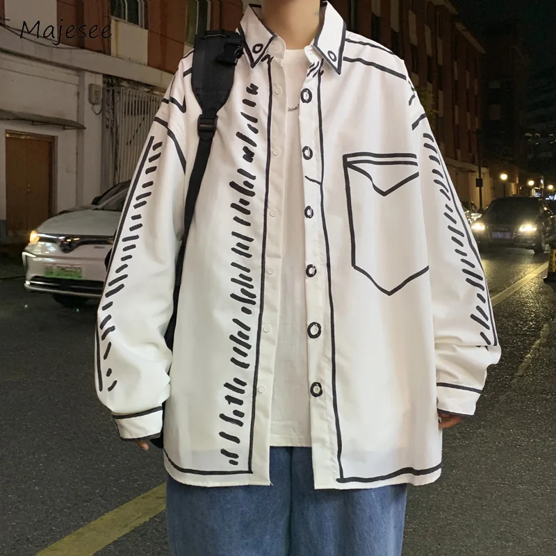 

Graffiti Shirts Men Baggy Korean Preppy Style Hand-painted Youthful Vitality Turn-down Collar Long Sleeve Minimalist Fashion