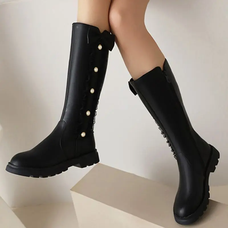 

ORCHA LISA Fashion New Sweet Student Mid Calf Boots Round Toe Flats Butterfly Knot Small Size 31 32 33 Side Autumn