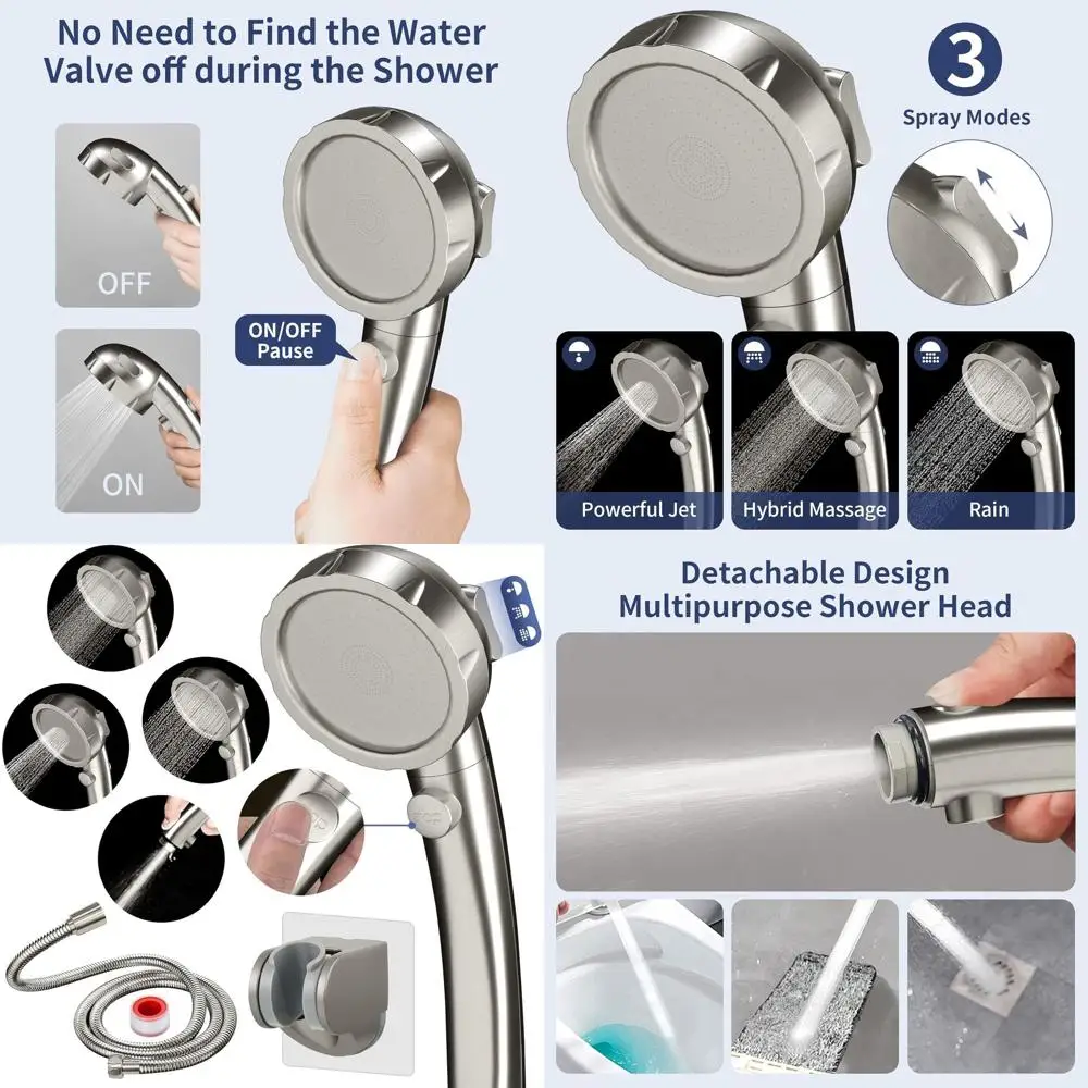 

3-Setting Handheld Shower with Pause, Water-Saving Feature, and Brushed Nickel Finish for RV and Camping
