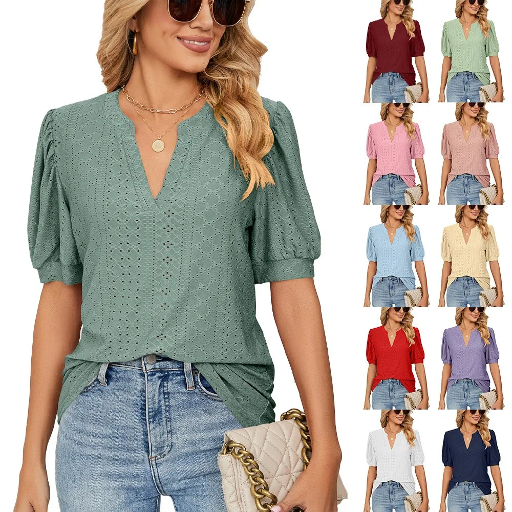 Women Blouse Short Sleeve V Neck Eyelet T Shirt Crochet Detail Top Pastel Green Loose Fit Tee Dusty Pink For Woman T-shirt