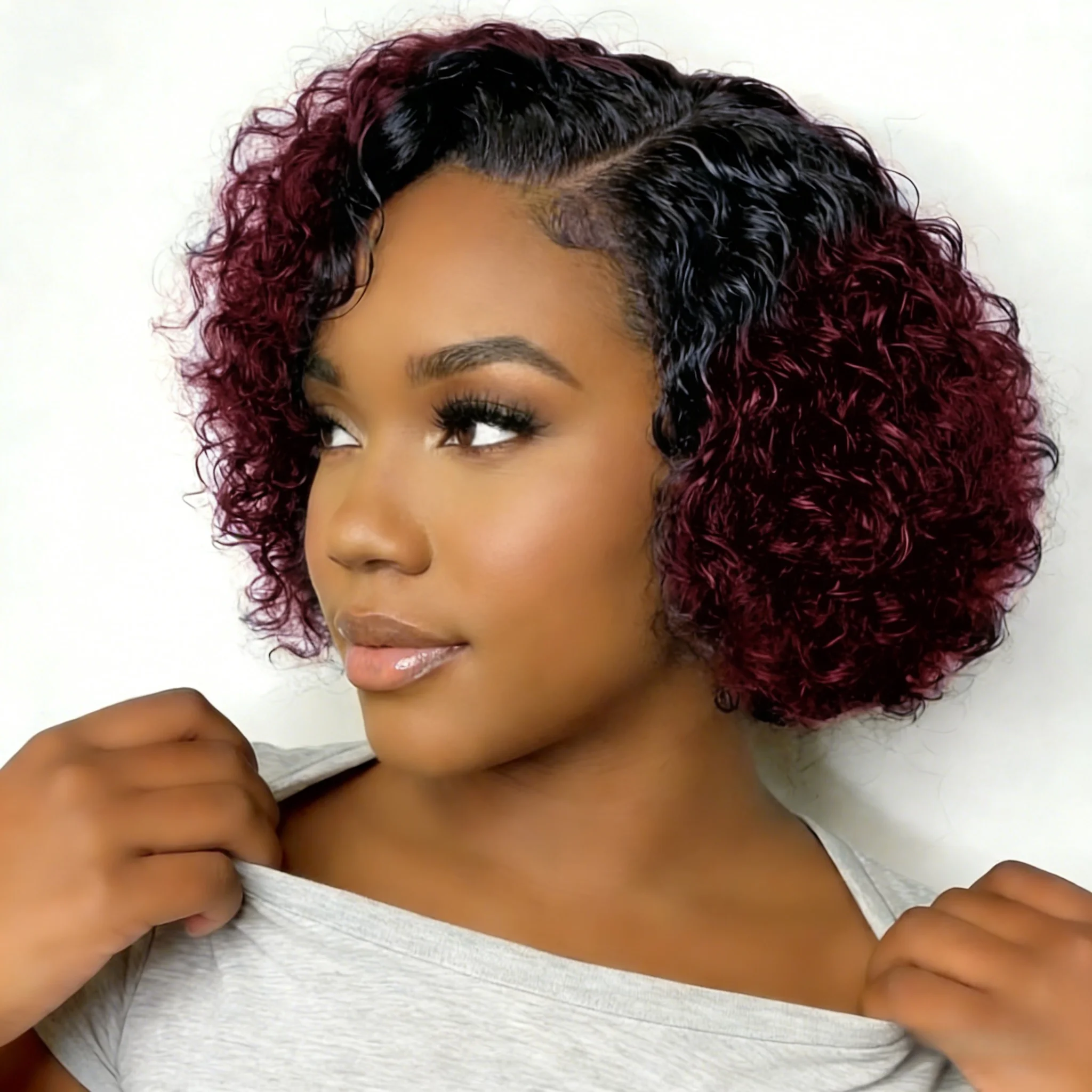 

Короткий кудрявый парик-боб 13x4 с кружевной передней частью, из бразильских человеческих волос, цвет 1B99J, предварительно проработанная линия роста волос, для женщин, плотность 180%.