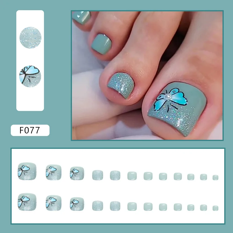 Blue Butterfly Glitter Powder Full Cover Toe Finished False Nails Summer Short Flat Shape Artificial Fake Toenails with Glue