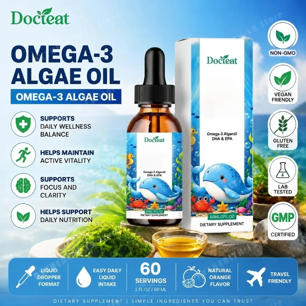 Docteat Plant Based Omega-3 Algae Oil DHA EPA Liquid Drops Kids Brain Health Vegan Non-GMO Daily Nutrition Orange 60 Servings
