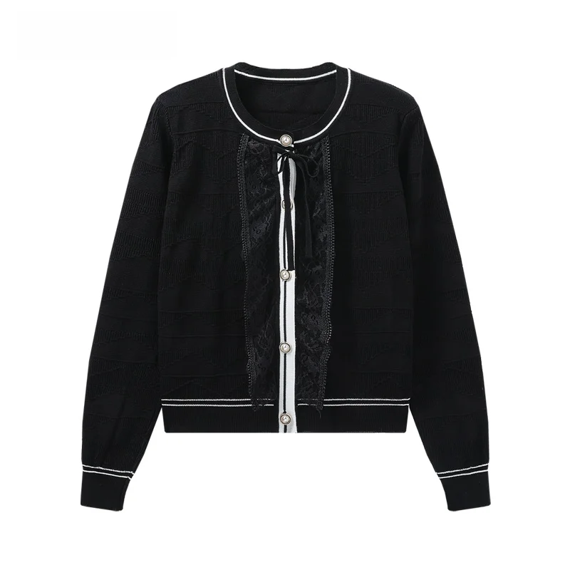

JZZDEMM Lace Trim Knot Design Knitted Cardigan Women's Sle Retro Commute Long Sve Button up Regular Fit Knitwear