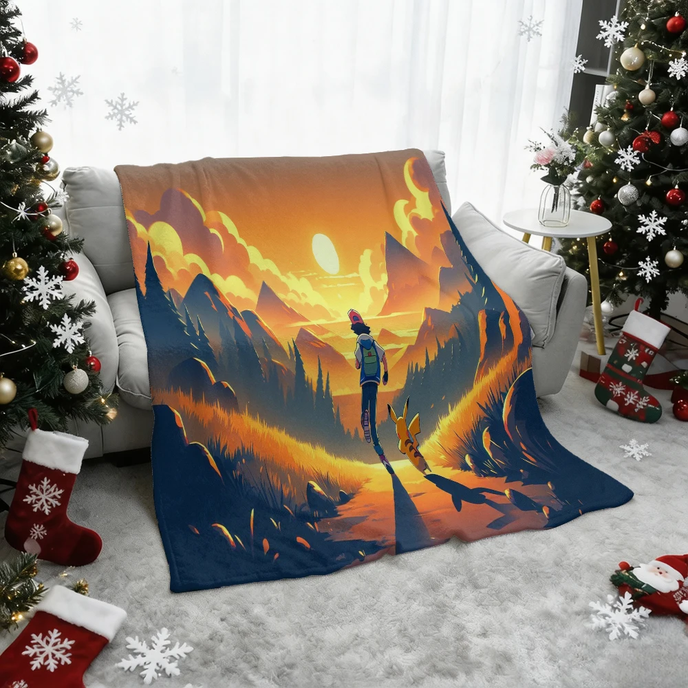 Pokemon Ash and Pikachu Sunset Mountain Landscape Print Flannel Throw Blanket Soft Warm Blanket for Sofa Bed Home Decor