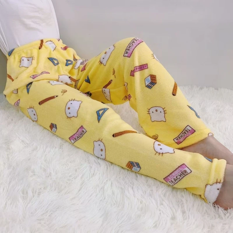 2024 New Winter Flannel Women\'S Pajamas Loose And Comfortable Home Pants Warm Fluffy Plush Pants Cute Kitten Cartoon Pajamas