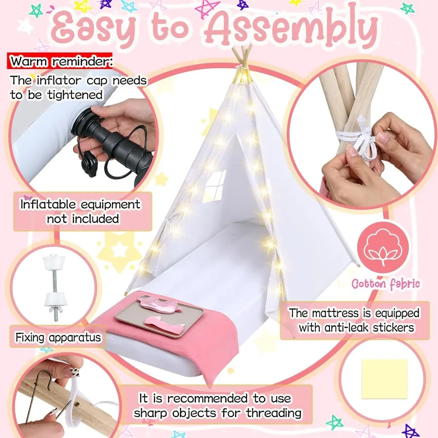 6er-Pack Kinder-Tipi-Zelt für Schlafanzüge, Schlafanzug-Zelte für Mädchenpartys mit Luftmatratze, Sternlichtern, Decken, Tabletts, Blätter,
