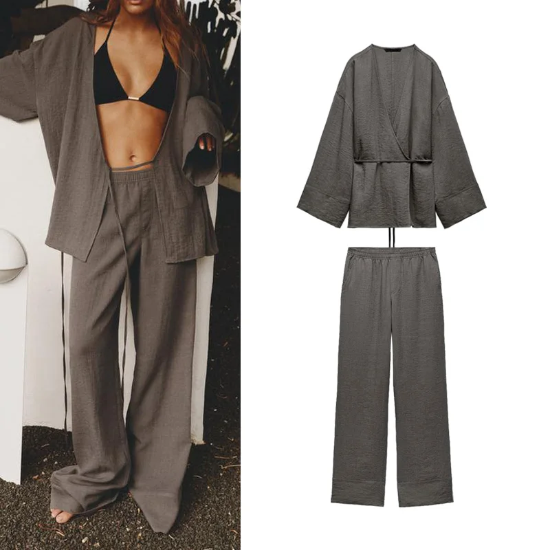 

Trendy Kimono Sle Spwear Set Double Lapel High Quali Polyester Fiber Long Sve V-Ne Two-Piece Faionable Ensemble