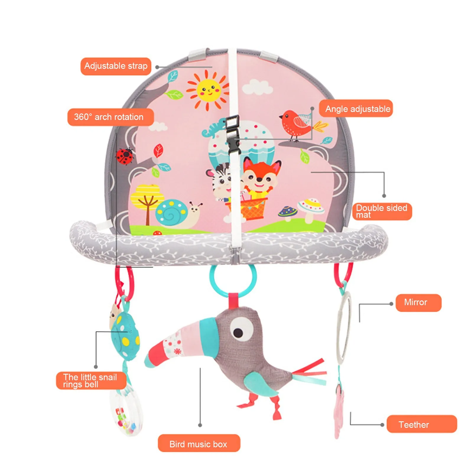 Baby Car Backseat Toy Adjustable Educational Travel Infant Activity Arch Toy for 0 to 1 Years Old Newborn