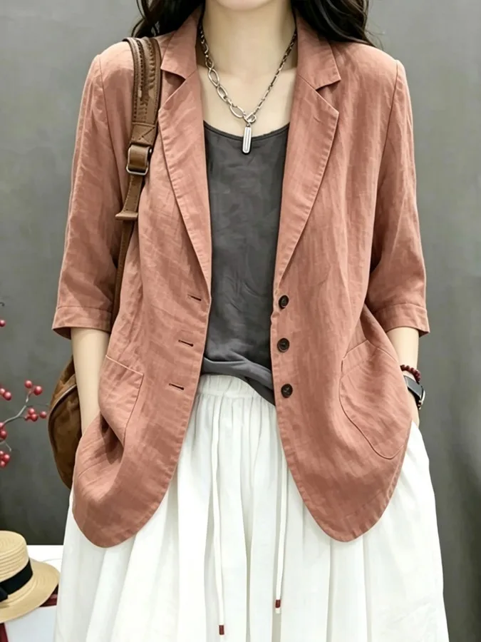 Retro Pure Color Cotton Linen Women's Suit Jacket Air Conditioned Outerwear Sun Protection Slimming Single Button Top