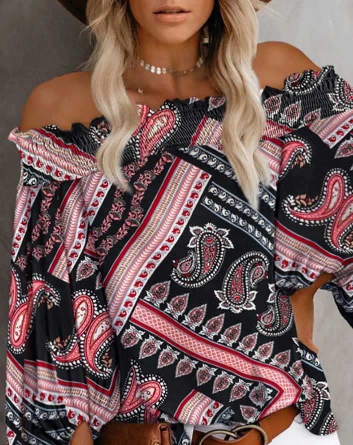 2024 Spring Blouse for Women Vintage Lantern Sleeve Paisley Print Off Shoulder Shirred Frill Hem Loose Top Pullover Blouse