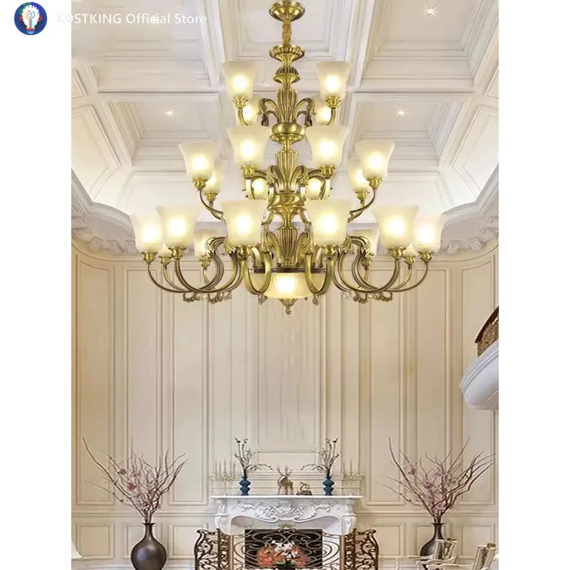 ثريا كريستال فاخرة فيلا دوبلكس غرفة المعيشة الثريات النحاسية الأوروبية خمر مصباح الغلاف الجوي أضواء المنزل شخصية