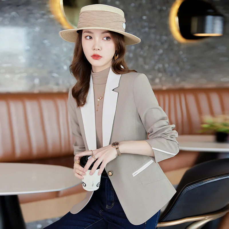 High quality blazer for women long sleeve jacket one button notched collar autumn 2025 elegant office clothes khaki white blue