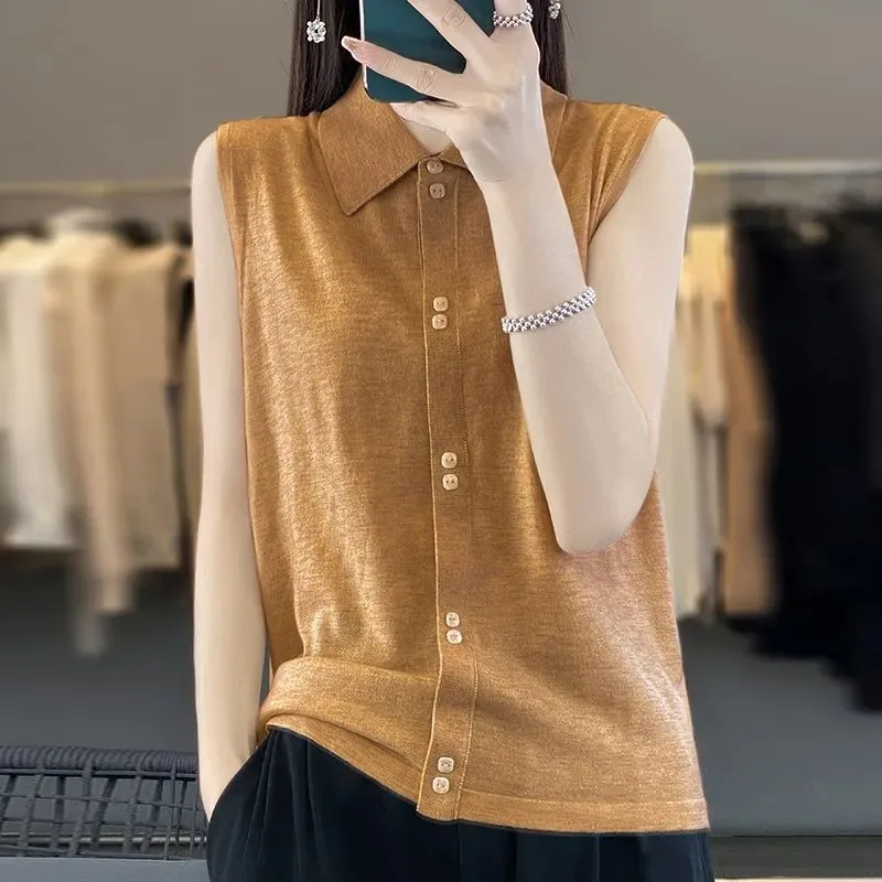 

Women's Sleeveless Polo Knit Vest Elegant Double Breasted Button Down Top