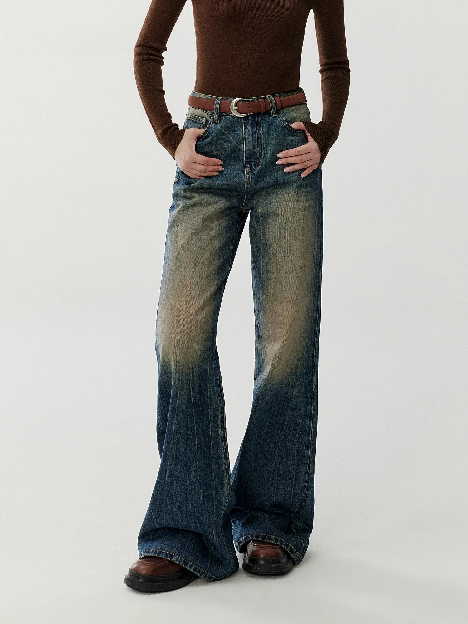 

Annachic High Waist Bell Bottom Jeans Women's Slim Fit Washed Denim Casual Long Trousers Blue Winter New Style Cotton Zipper