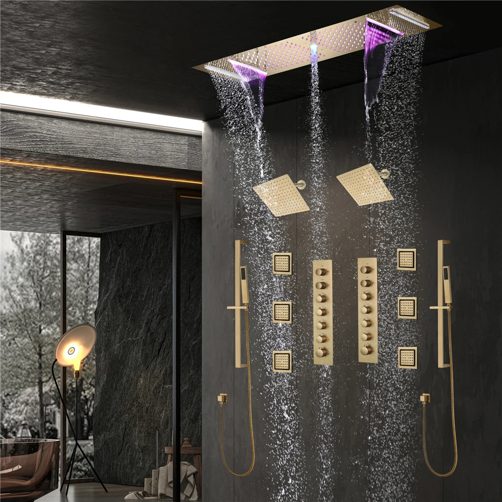 

Wall Mount Polished Brass Thermostatic Shower Set With Ceramic Valve Core LED Music Shower Head Massage Jet Rain Spray Patterns