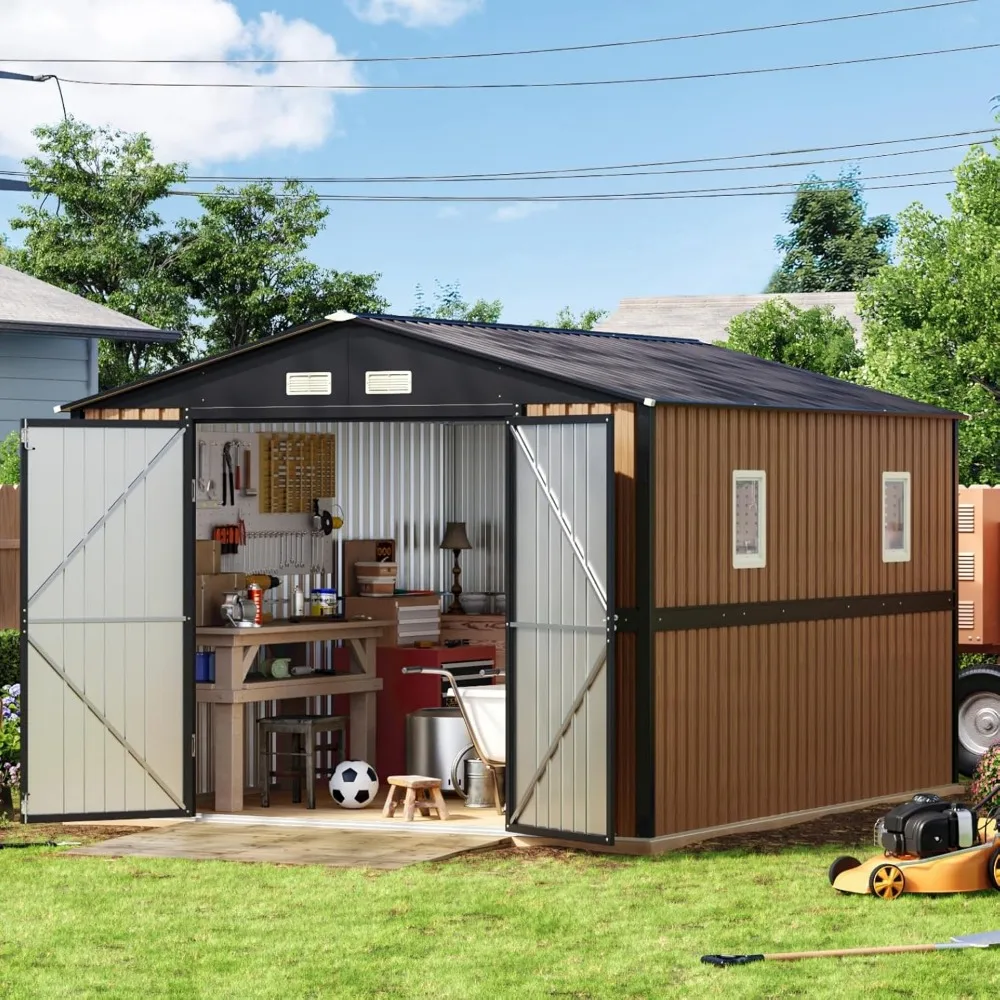 

10X12 FT Outdoor Steel Storage Shed with Lockable Doors, 2 Windows, Garden Shed with Metal Frame Floor (Wood Panels Not