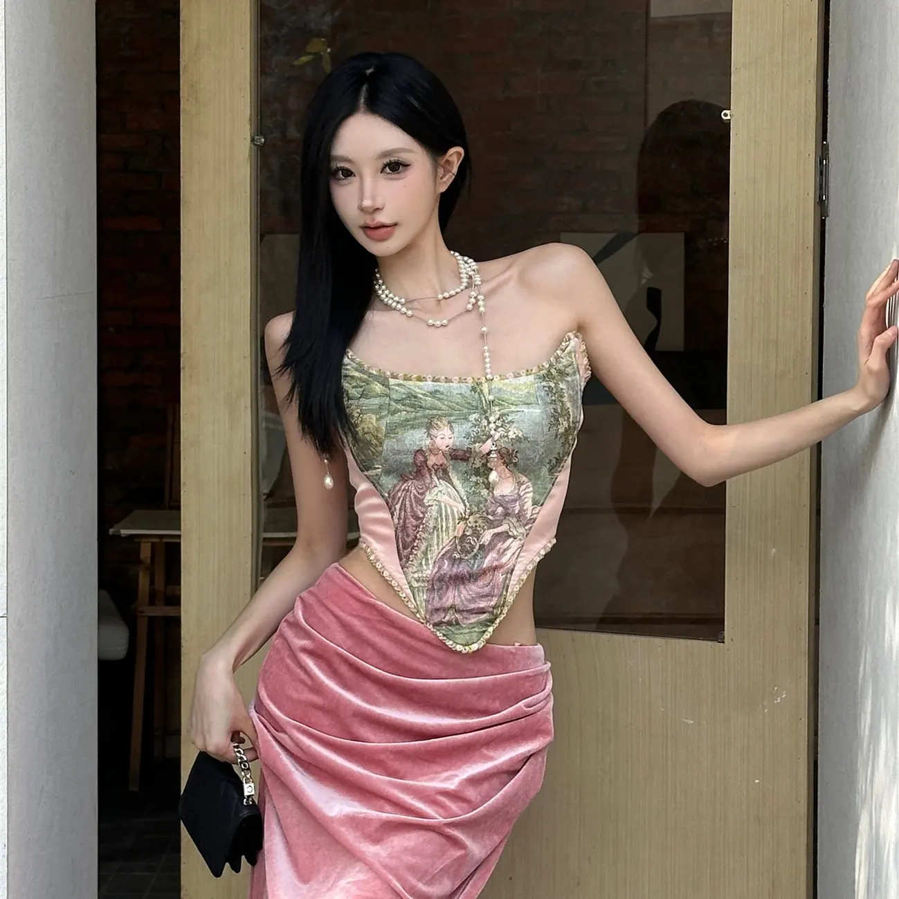 

Двусторонний корсет-жилет Fibone для коррекции фигуры, верхняя одежда с принтом под масляную живопись, модный женский комплект из полиэстера с кружевом, осенний