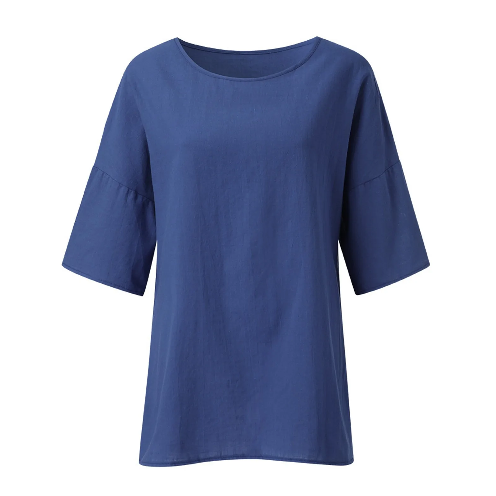 Women\'s Shirt Large Size Cotton Linen Shirt Spring Summer Fashion Seven Sleeve Tops Casual Solid Colour Loose Round Neck Shirt