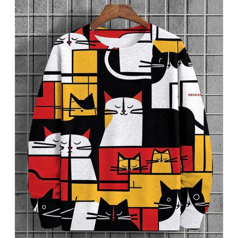 Funny Men's Sweatshirt Abstract Cartoon Cat 3d Print Long Sleeve T-Shirt Mens Clothing Top Oversized Sweatshirts For Men Hoodies