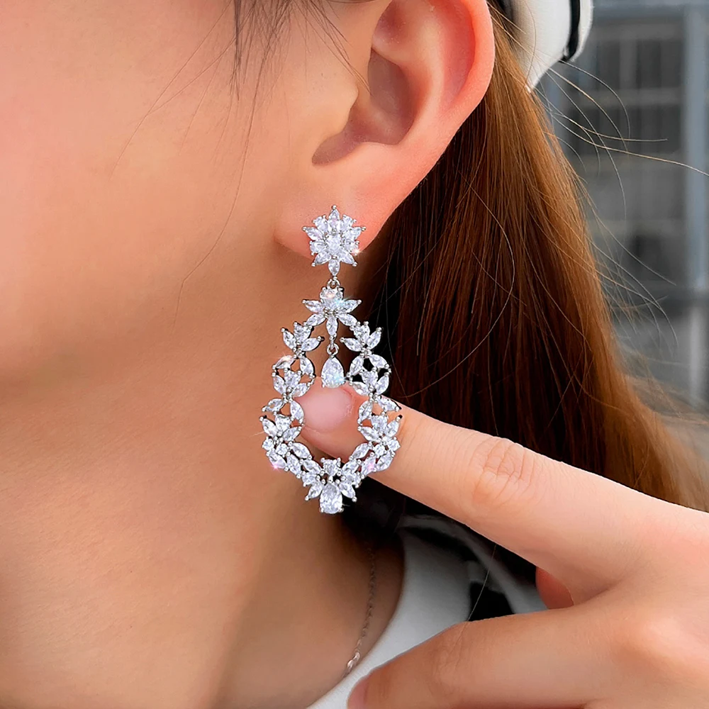 CWWZircons Fancy Sparkling Cubic Zirconia Setting Long Flower Drop Big Size Earring for Women Vintage Design Party Jewelry E0030