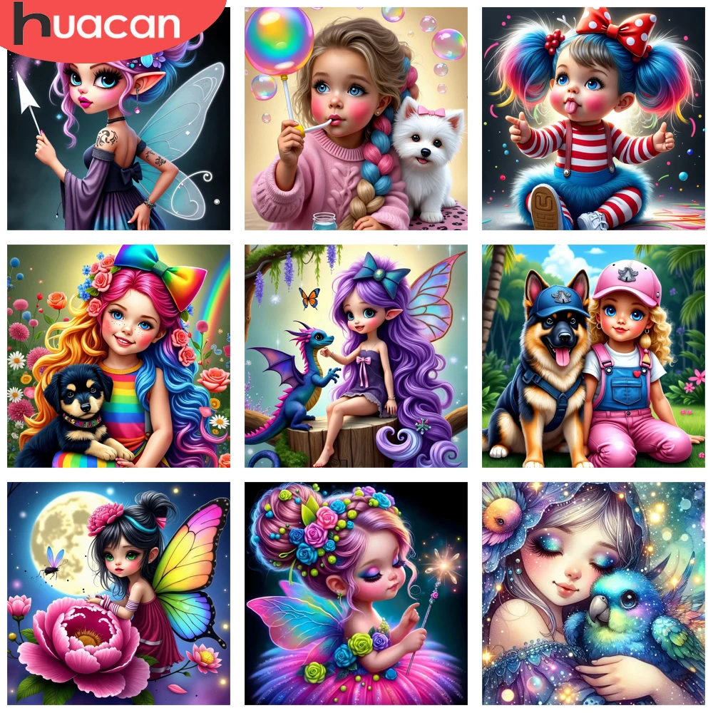 HUACAN Diamond Mosaic Girl Portrait Full Round 5D Diy Diamond Painting Dog Handmade Kits Diy Handmade Living Room Art Craft