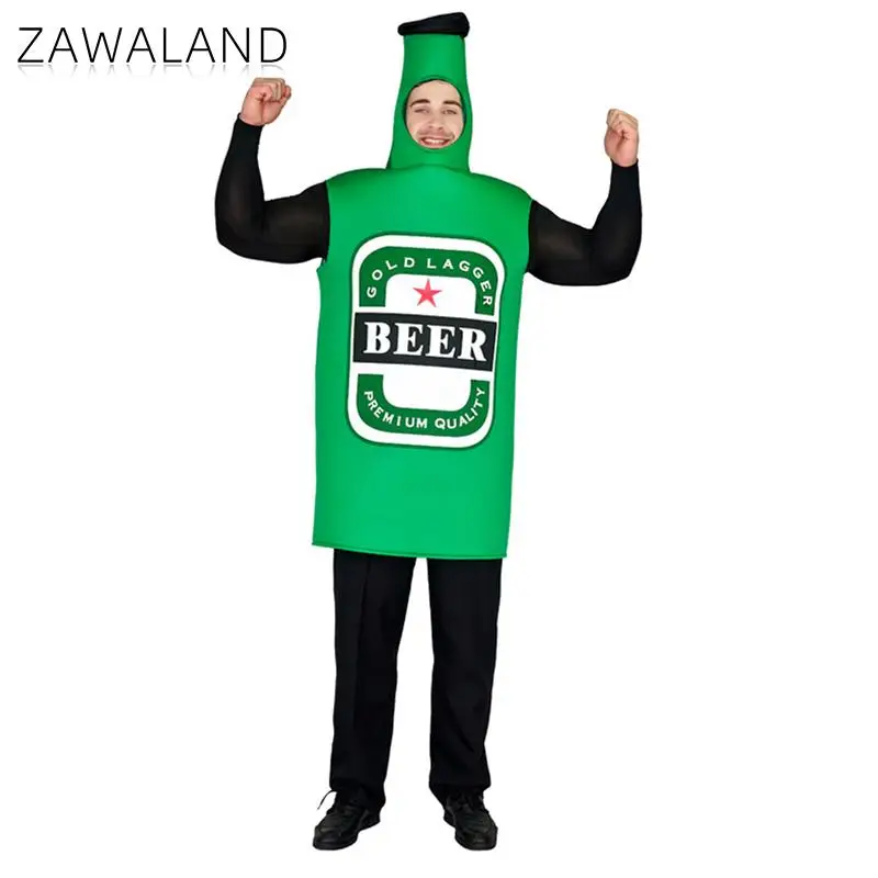 Zawaland Beer Bottle Print Cosplay Costume Men Funny Purim Carnival Jumpsuit Green Holiday Suit Comfortable Adult Party Clothes