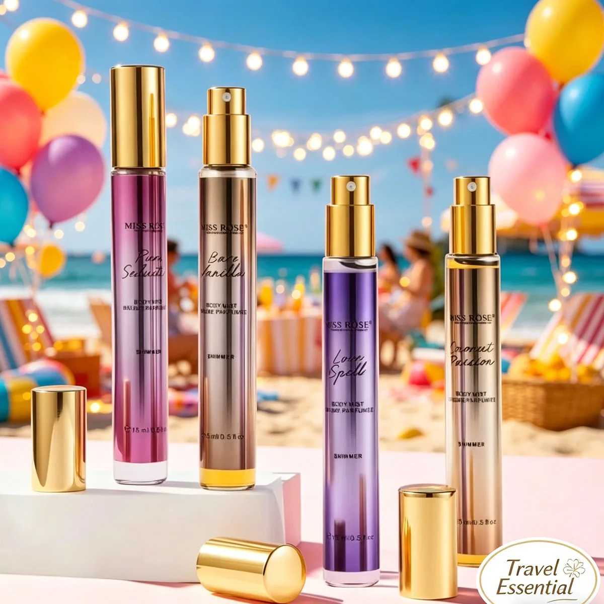 MISS ROSE Spray de Fragrância Sem Álcool 15ml, Longa Duração, Doce e Frutado, Brilho Corporal, Tamanho Portátil para Viagem, Desodorante