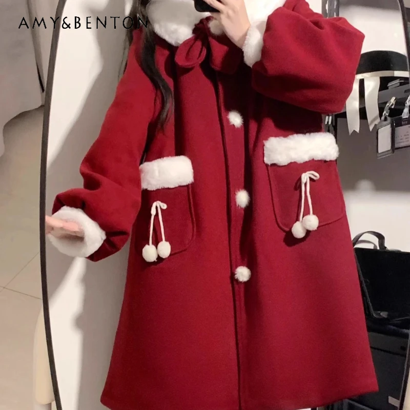 

Christmas Keep Warm Women's Clothing 2025 Autumn Winter New Red Lolita Cute Sweet Versatile Loose Woolen Fleece Jackets Ladies